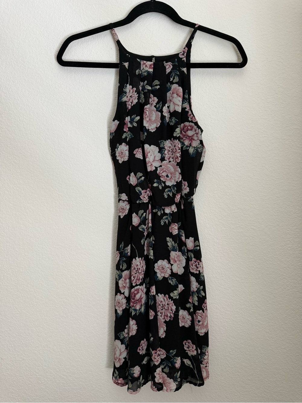 Blue Rain Black Mini Dress with Pink Floral Print